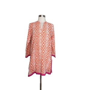 Roberta Roller Rabbit Women's Tunic Top XS Orange Print with Hit Pink Trim Kurta